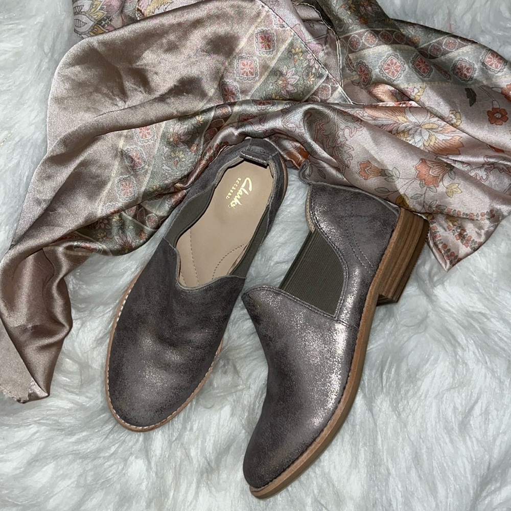 Pewter Suede Clarks Booties